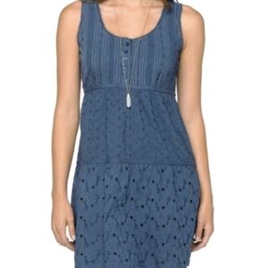 Prana chambray dress die cut blue tiny pom pom trim sleeveless